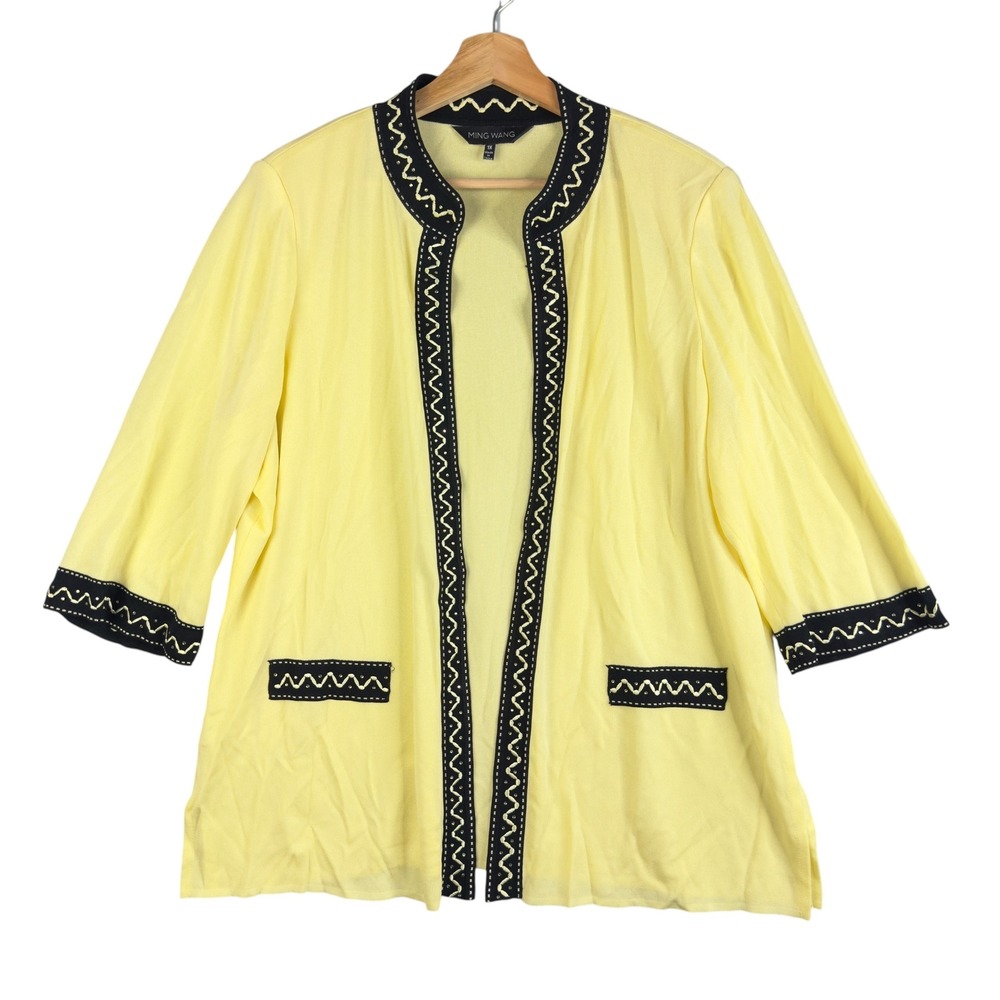 Ming Wang Womens 1X‎ Yellow Knit Open Front Embellished Trim Cardigan Jacket